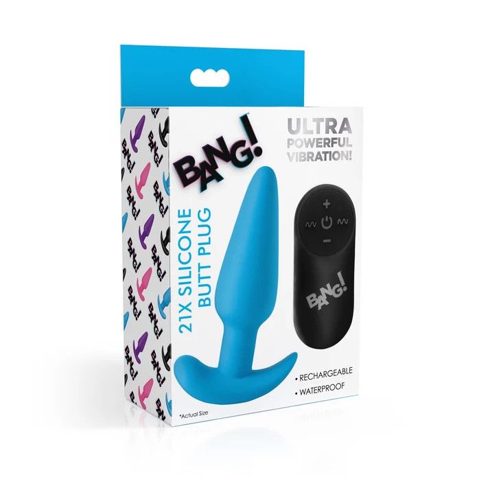 21X Vibrating Silicone Butt Plug w/ Remote Control - Blue