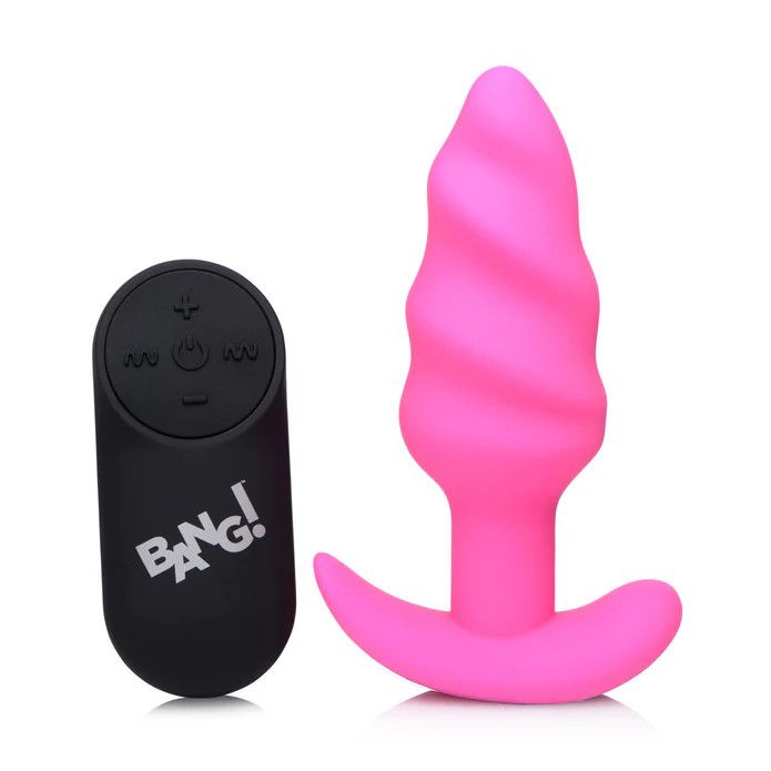 21X Vibrating Silicone Swirl Butt Plug w/ Remote Control - Pink