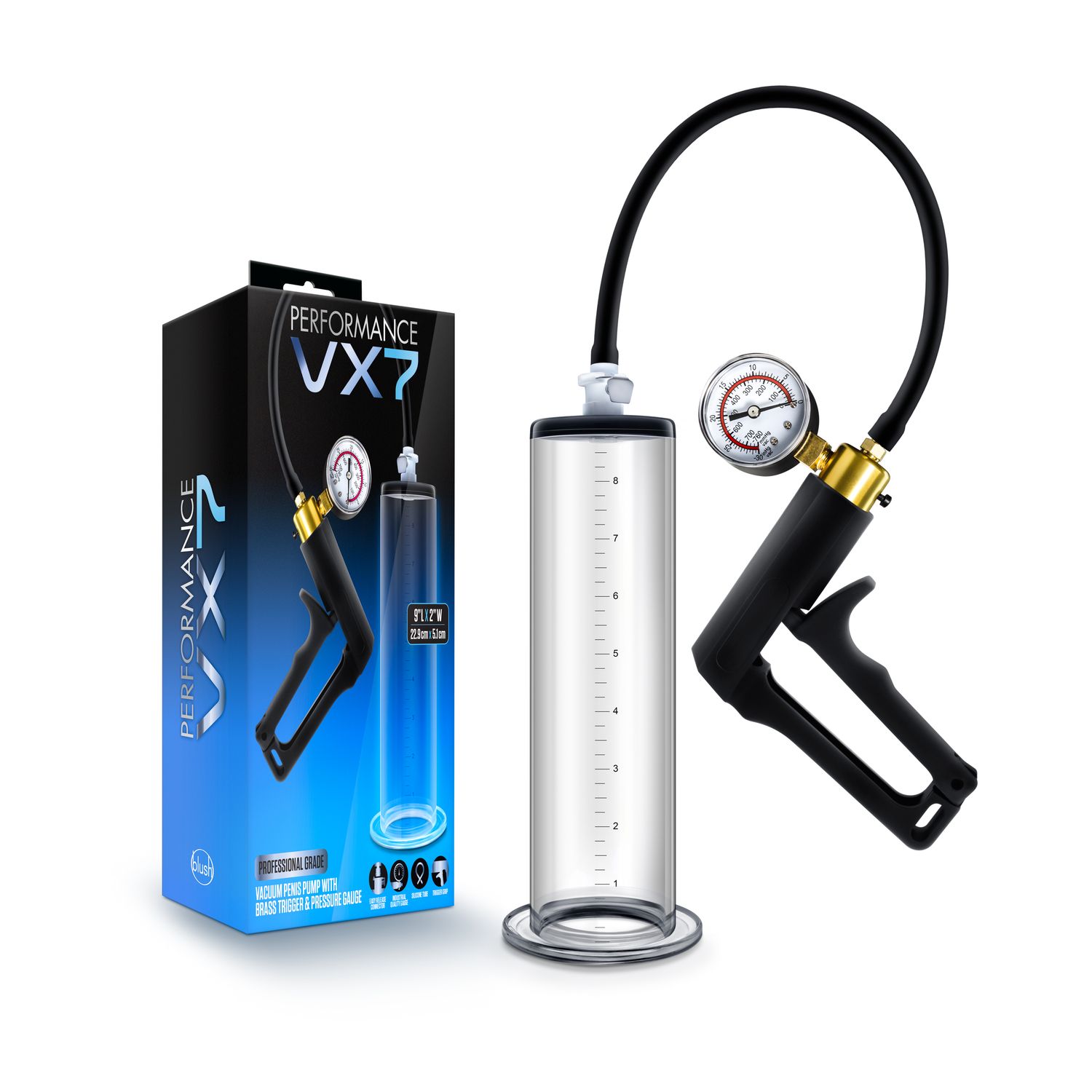 Performance - VX7 Vacuum Penis Pump With Brass Trigger &amp; Pressure Gauge  -  Clear