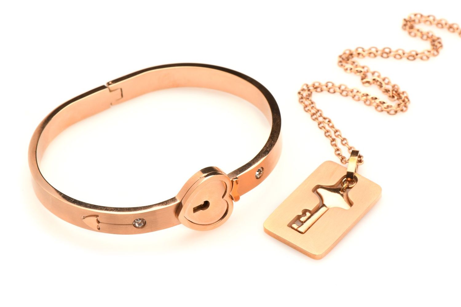 Cuffed Locking Bracelet &amp; Key Necklace Rose Gold