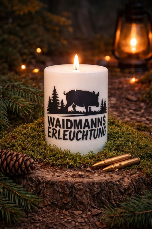 Waidmanns Erleuchtung – Jagd Kerze mit Sau & Brotzeit Spruch