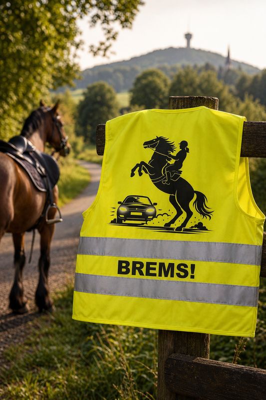 Warnweste „BREMS!“ – Reiter & Pferd Motiv | Hochsichtbar & humorvoll