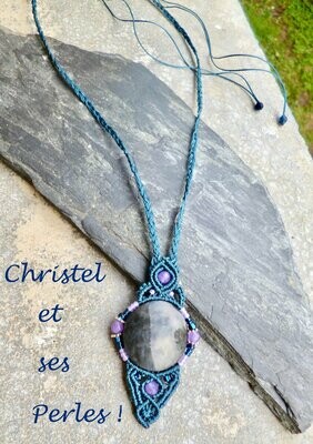 Collier macramé simple obsidienne reflets bleus