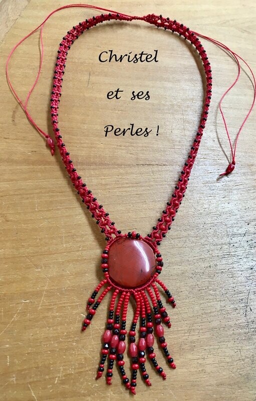 Collier macramé et Jaspe Rouge fils perlés