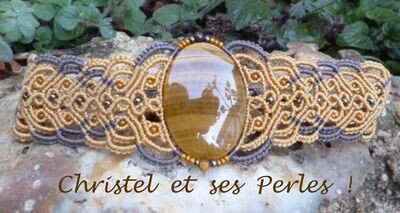 Bracelet macramé bicolore et baroque, avec Oeil de Tigre