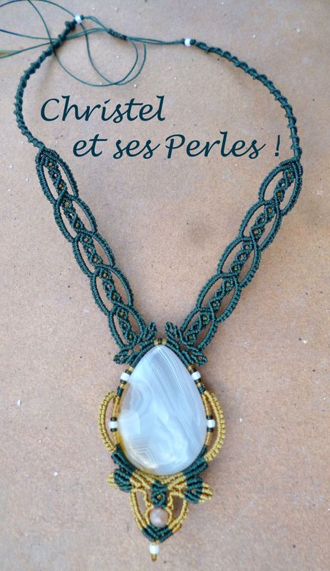 Collier macramé et Quartz Elfique feuilles
