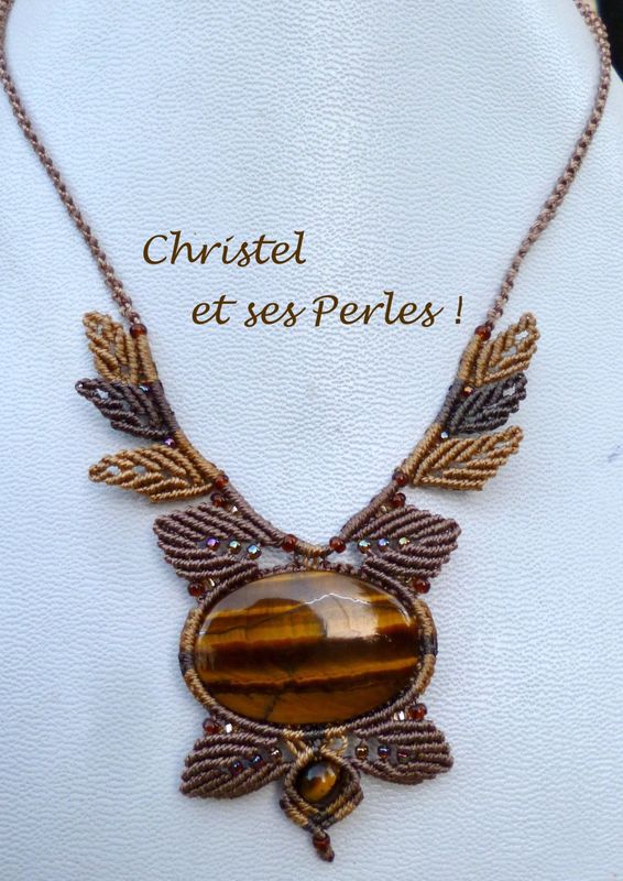 Collier macramé et Oeil de Tigre feuilles