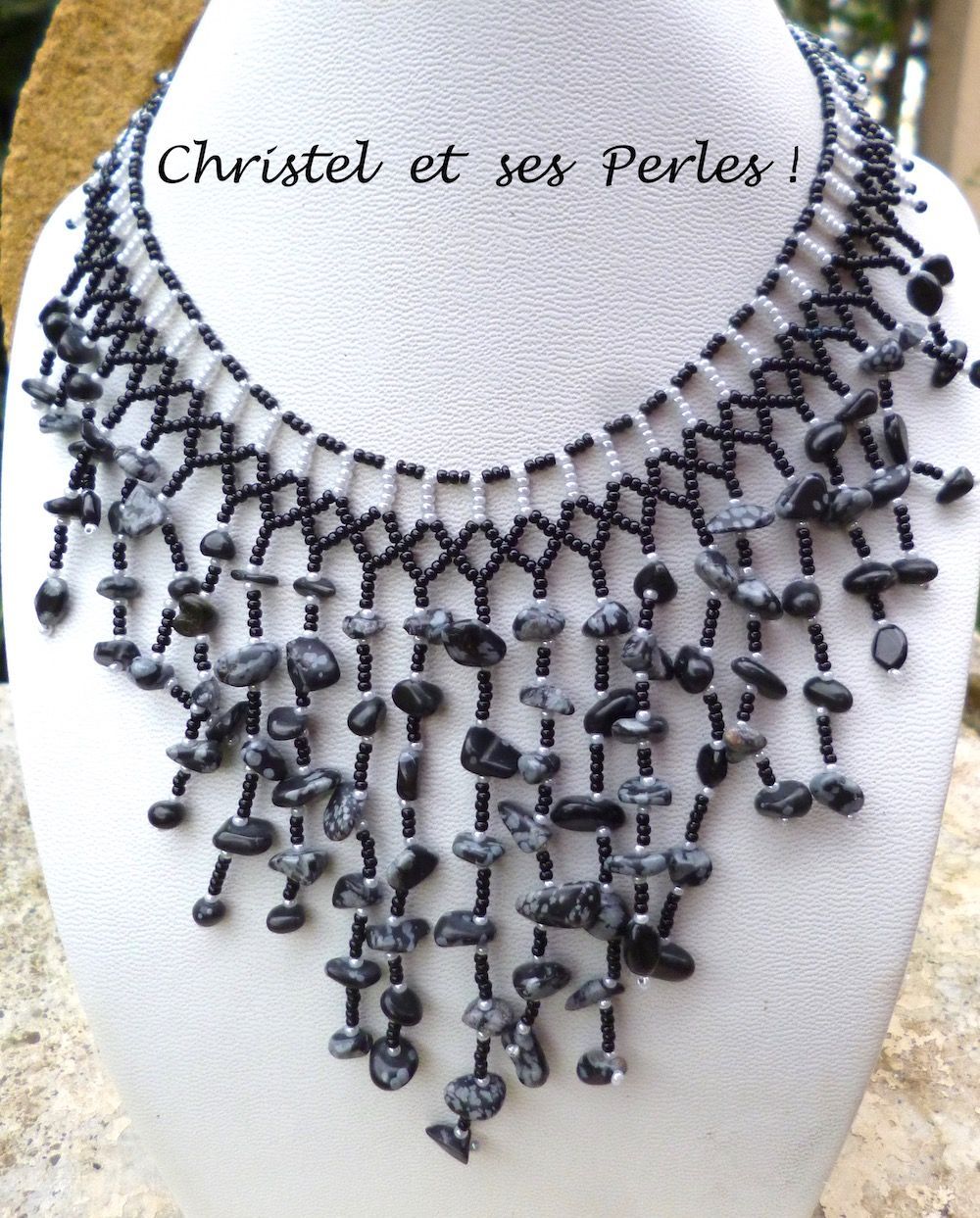Collier fils perlés d'osidienne flocon de neige