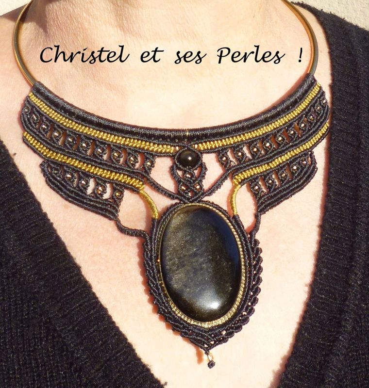 Collier macramé plastron et Obsidienne dorée