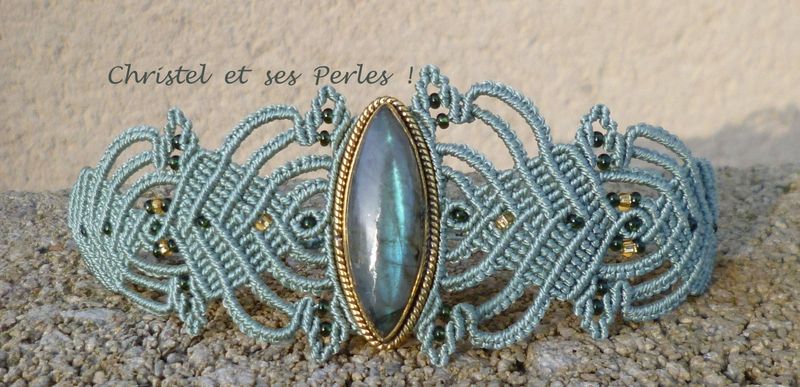 Bracelet macramé et Labradorite ogive sertie laiton doré, feuilles