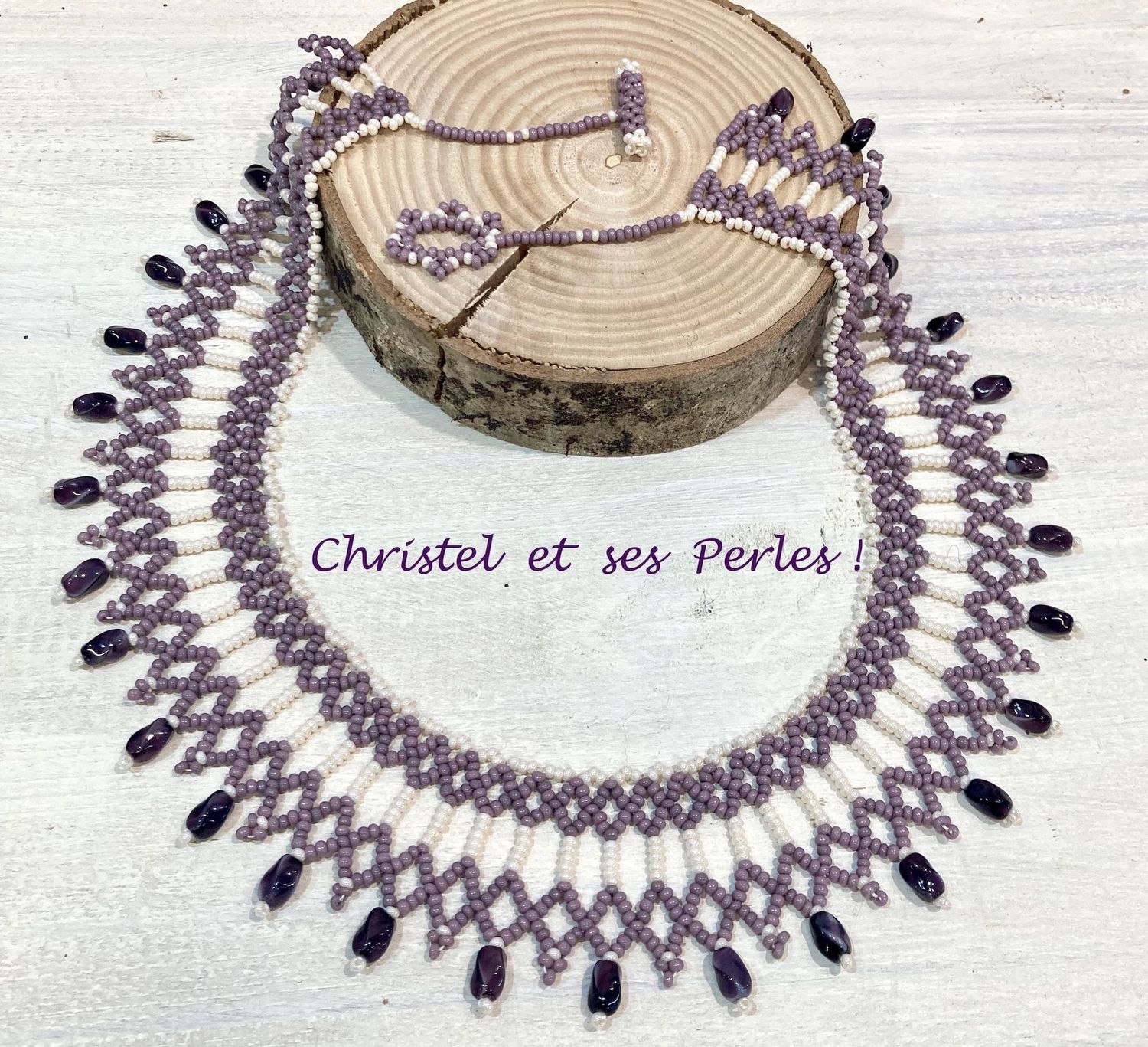 Collier perles parme et ivoire