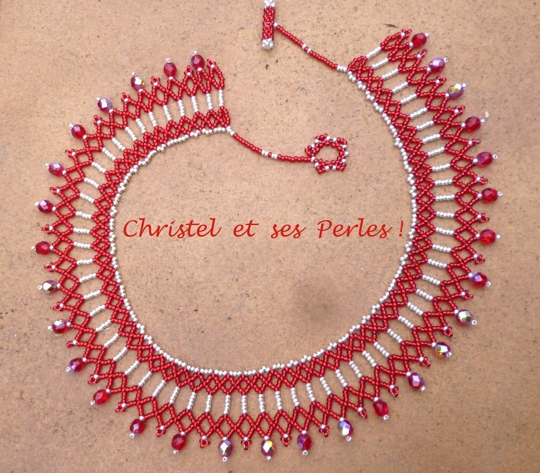 Collier perles rouge et argenté