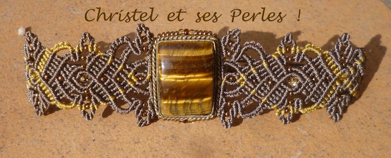 Bracelet macramé avec Oeil de Tigre rectangle, serti laiton doré