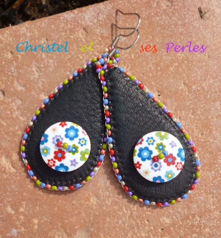Boucles d'oreilles gouttes, cuir et boutons