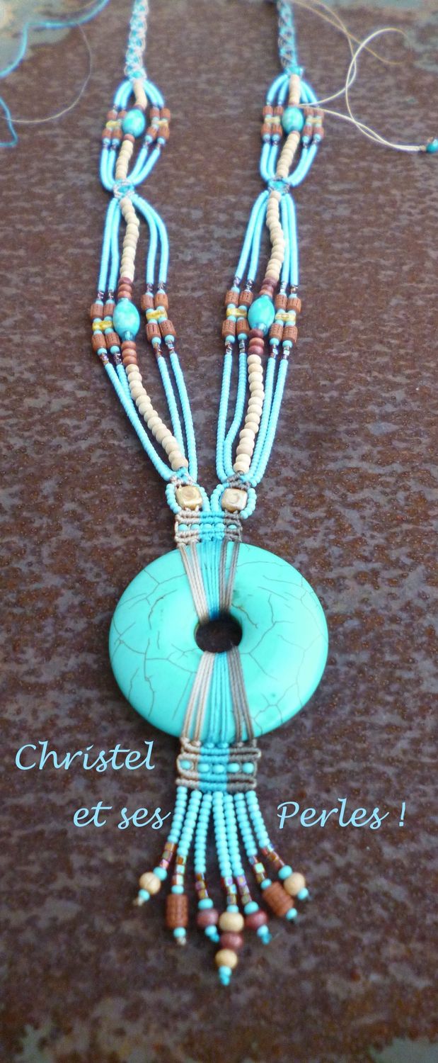 Sautoir macramé et Donut Howlite turquoise