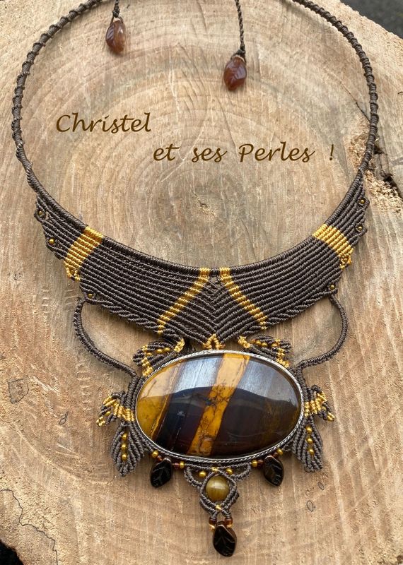 Collier macramé plastron et Jaspe Sunset