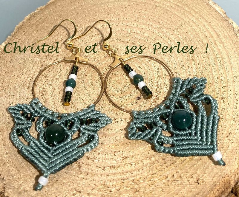 boucles d'oreilles macramé Elfiques Agate mousse