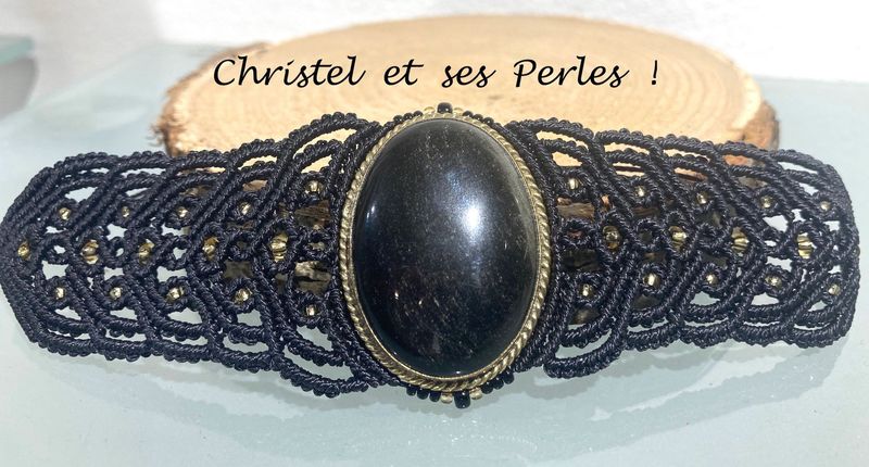 Bracelet macramé baroque et Obsidienne dorée sertie