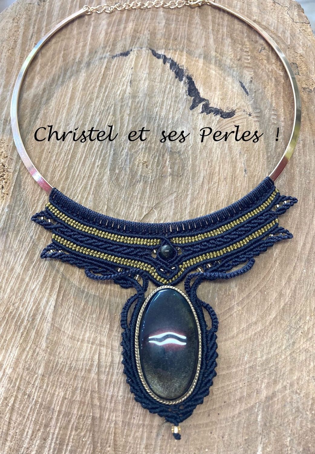 Collier macramé plastron et Obsidienne dorée