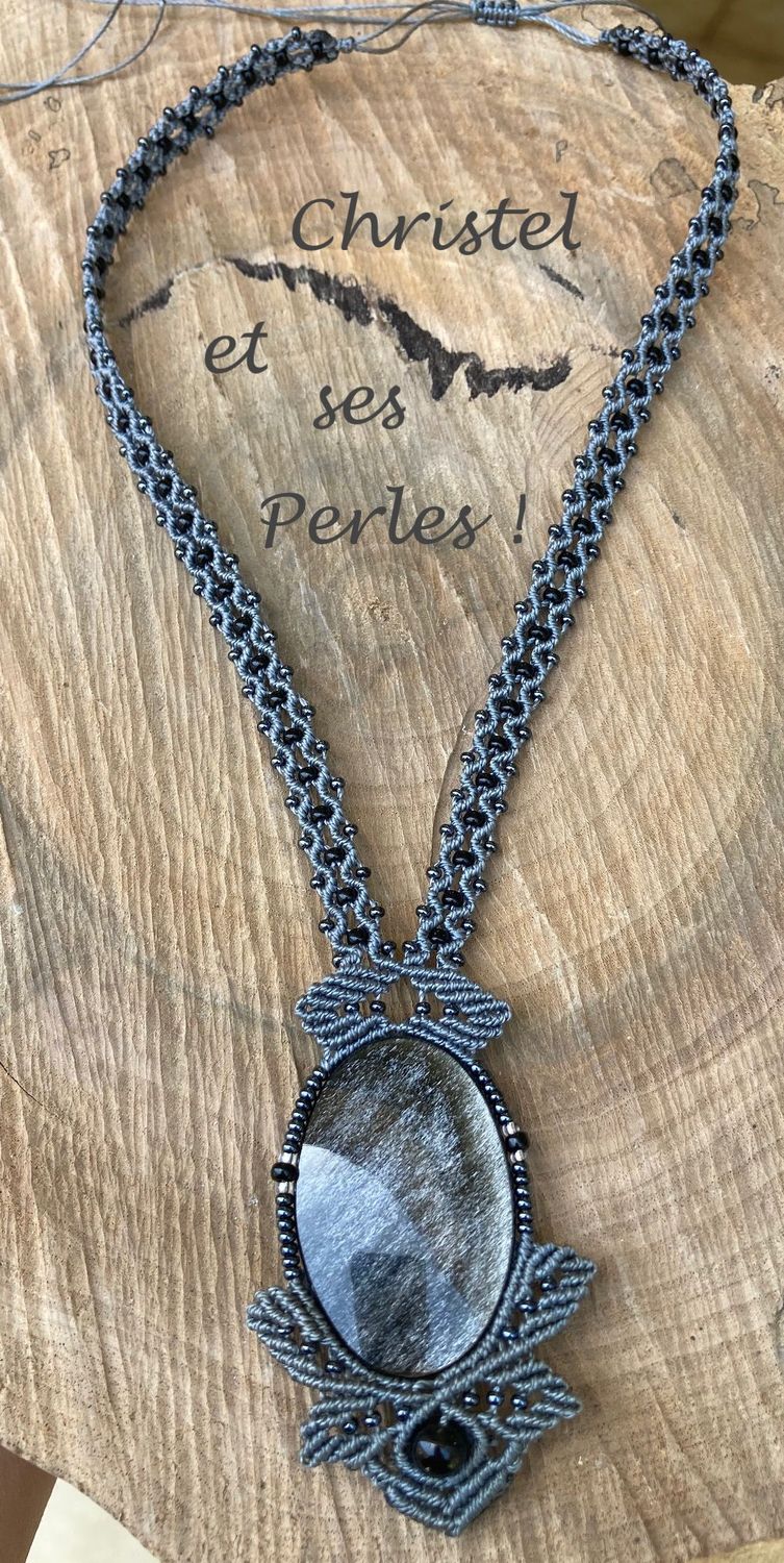 Collier macramé et Obsidienne argentée feuilles Féérique