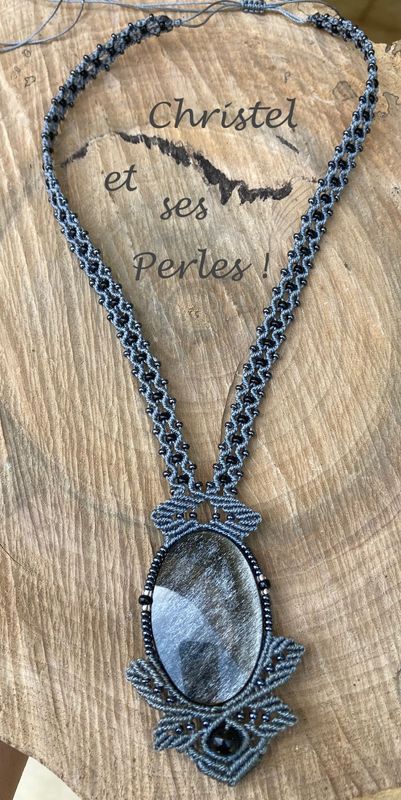 Collier macramé et Obsidienne argentée feuilles Féérique