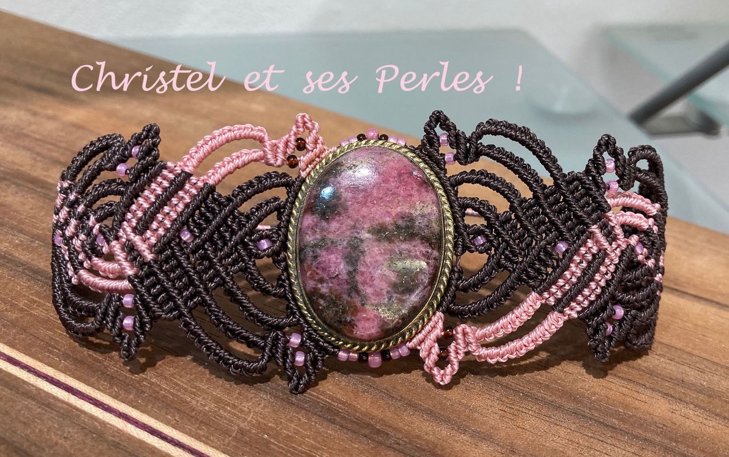 Bracelet macramé Elfique et Rhodonite sertie