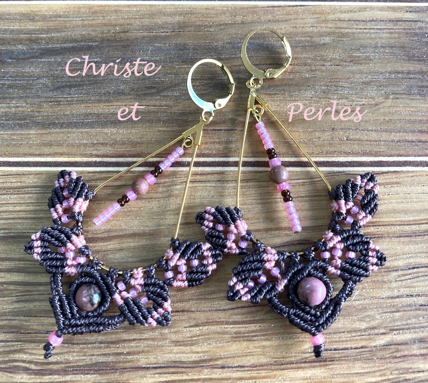 boucles d'oreilles macramé Elfiques Rhodonite