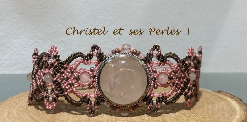 Bracelet macramé feuilles, et Quartz rose serti