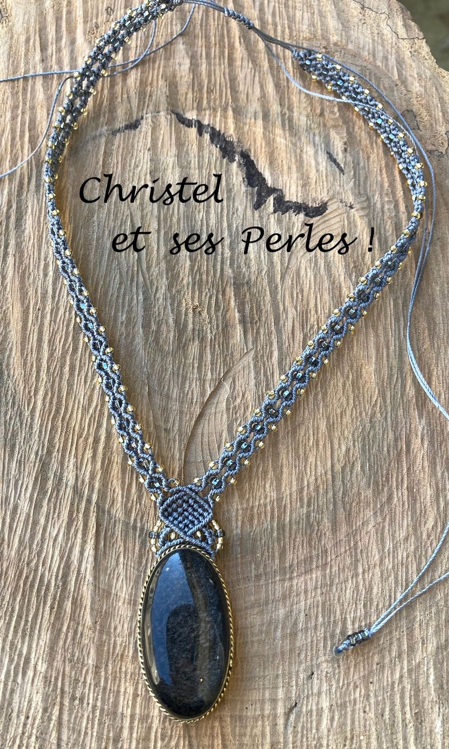 Collier macramé et Obsidienne argentée sertie