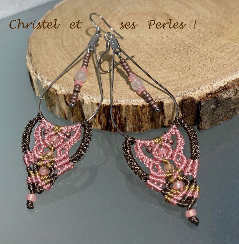 Boucles d'oreilles macramé rose et chocolat