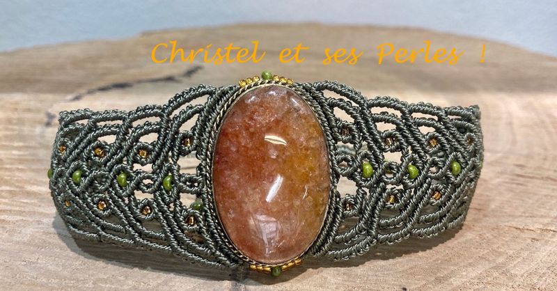 Bracelet macramé baroque et Aventurine orange sertie