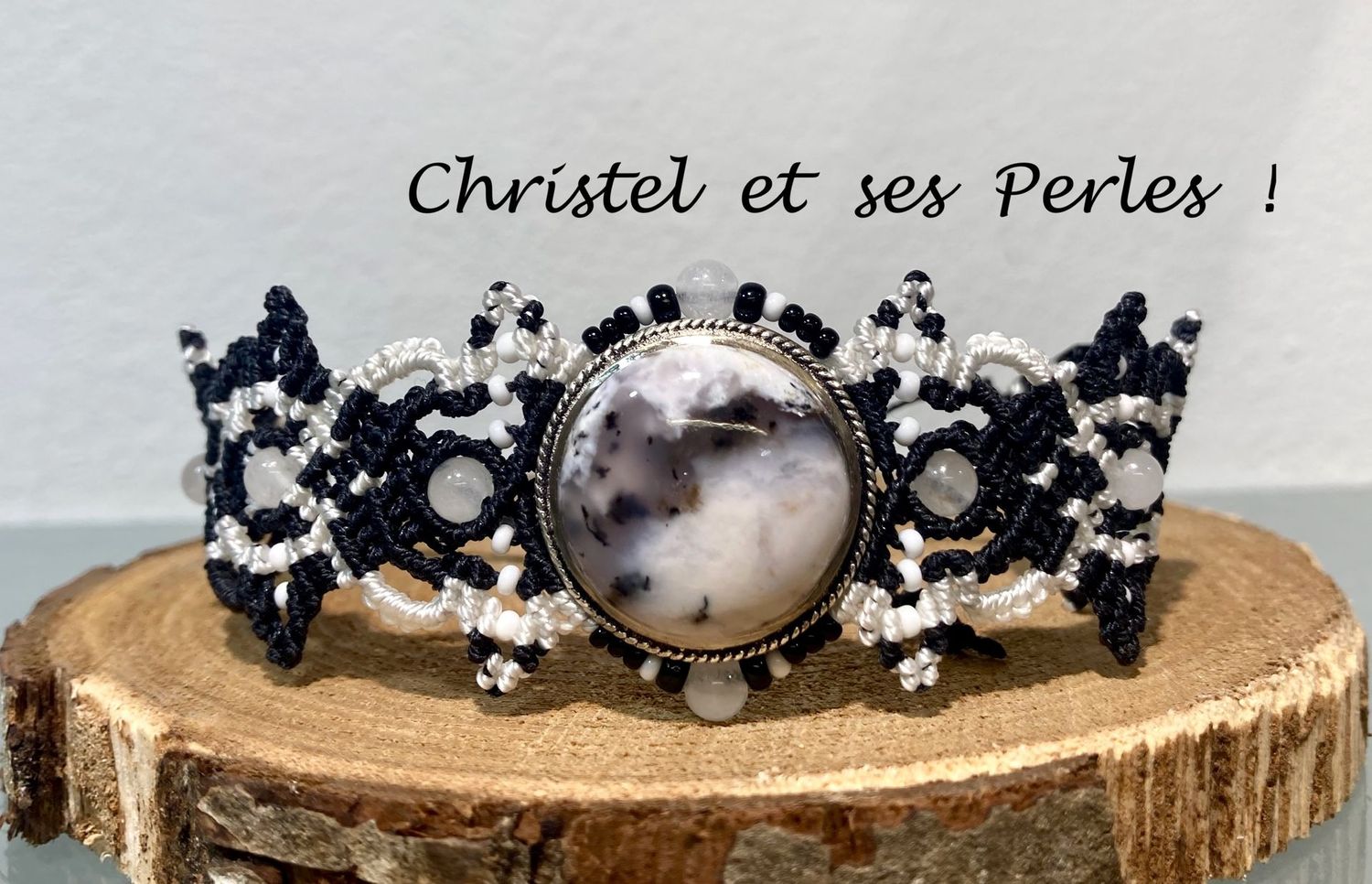 Bracelet macramé feuilles, et Agate dendritique sertie Bracelet macramé feuilles, et Agate dendritique sertie