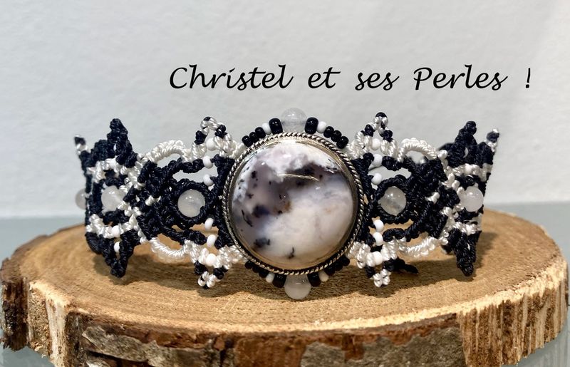 Bracelet macramé feuilles, et Agate dendritique sertie