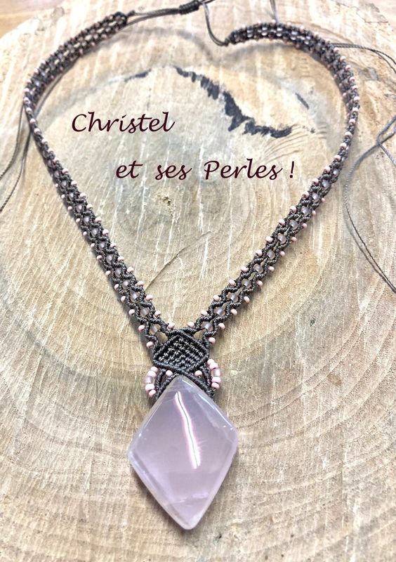 Collier macramé et Quartz rose forme losange