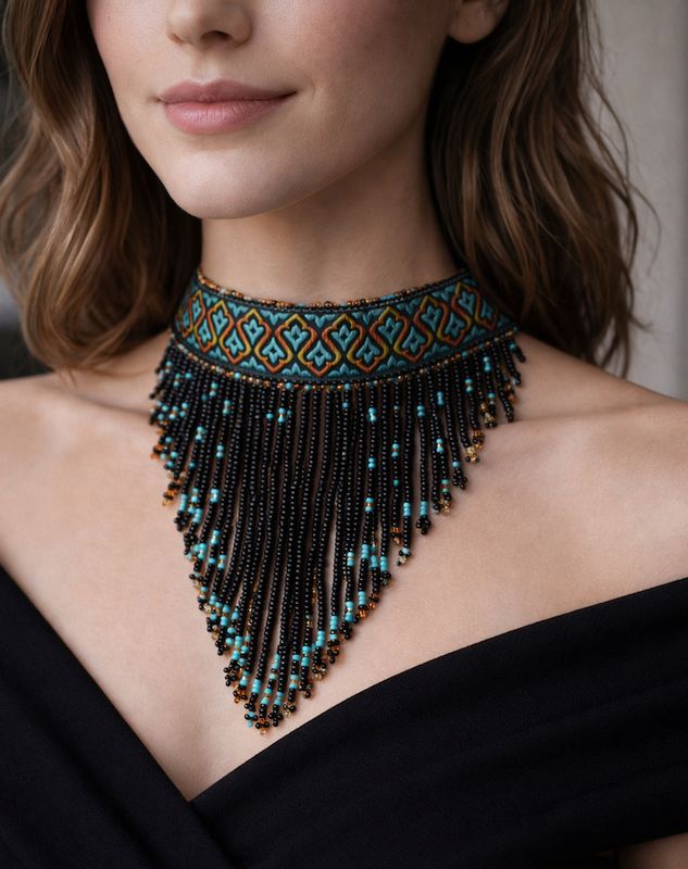 Collier ras cou galon tissu et franges perlées
