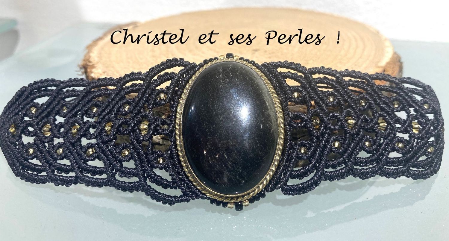 Bracelet macramé baroque et Obsidienne dorée sertie