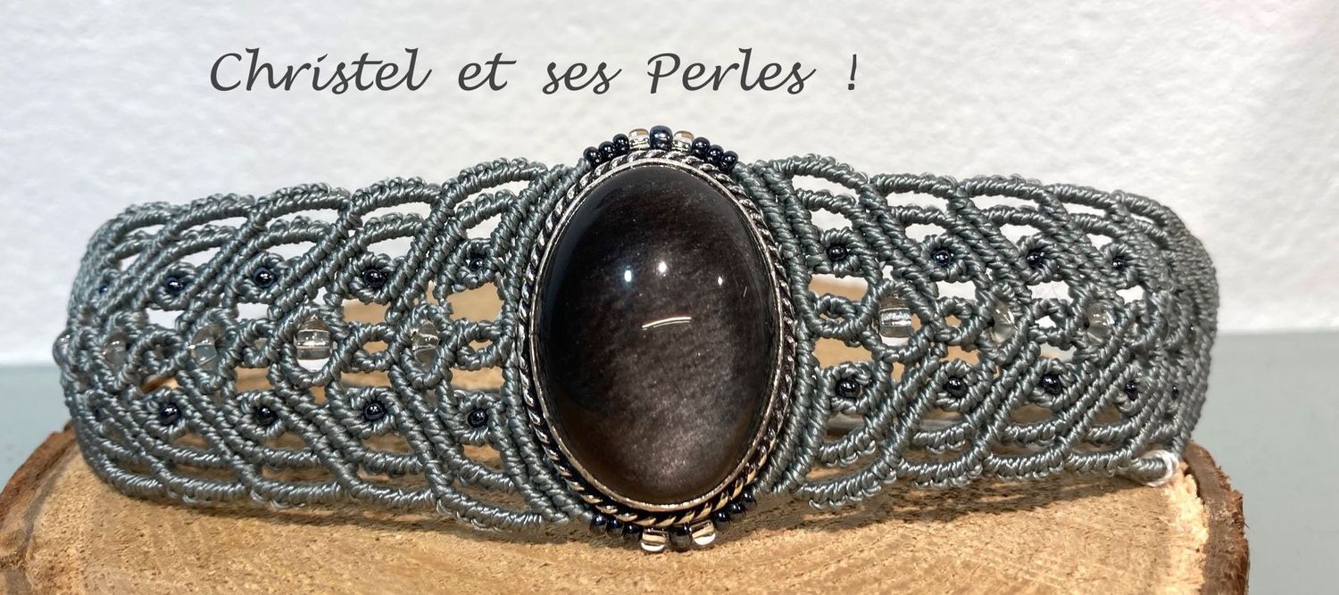 Bracelet macramé baroque et Obsidienne argentée sertie Bracelet macramé baroque et Obsidienne argentée sertie