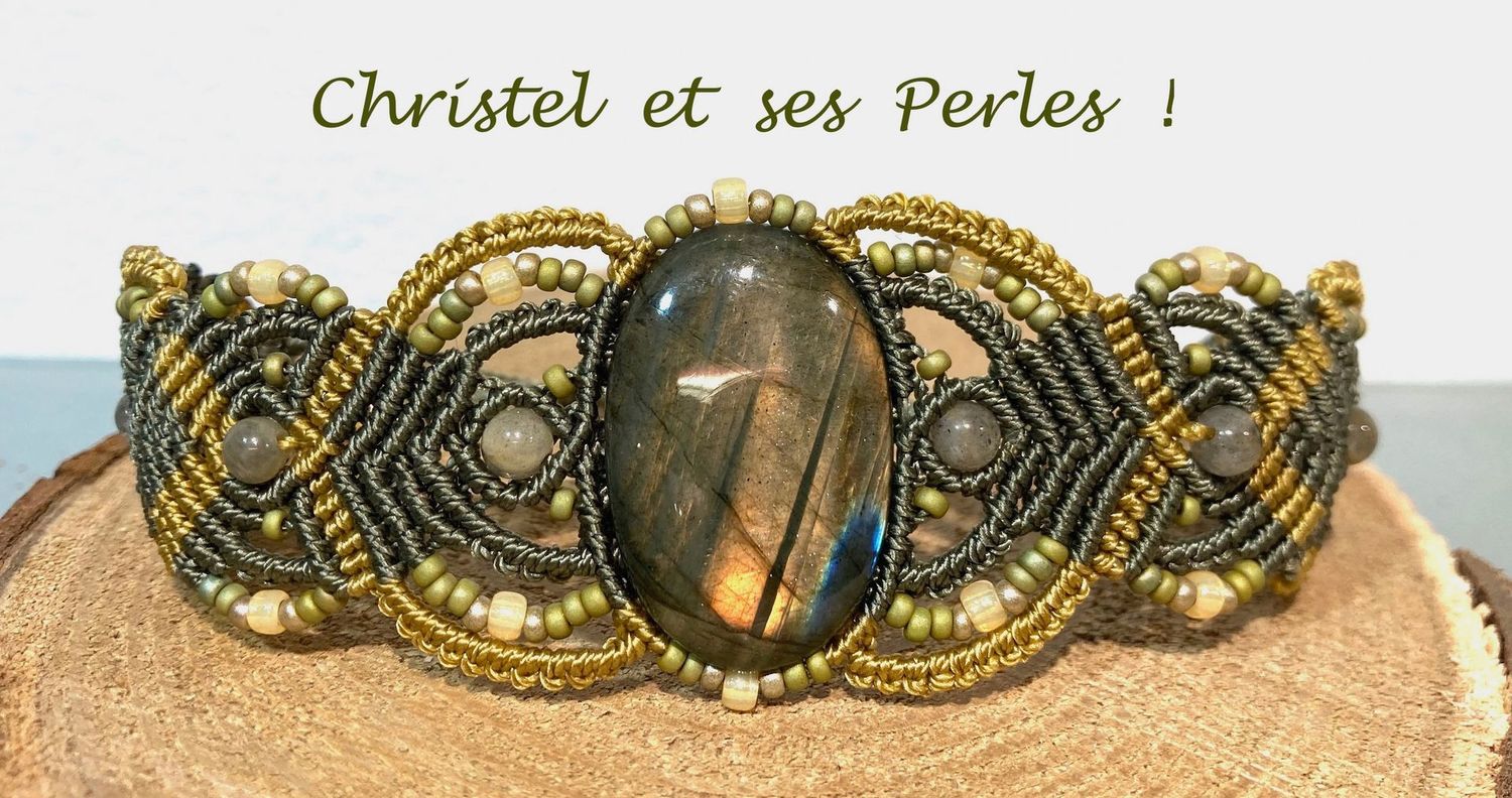 Bracelet macramé bicolore et Labradorite reflets dorés