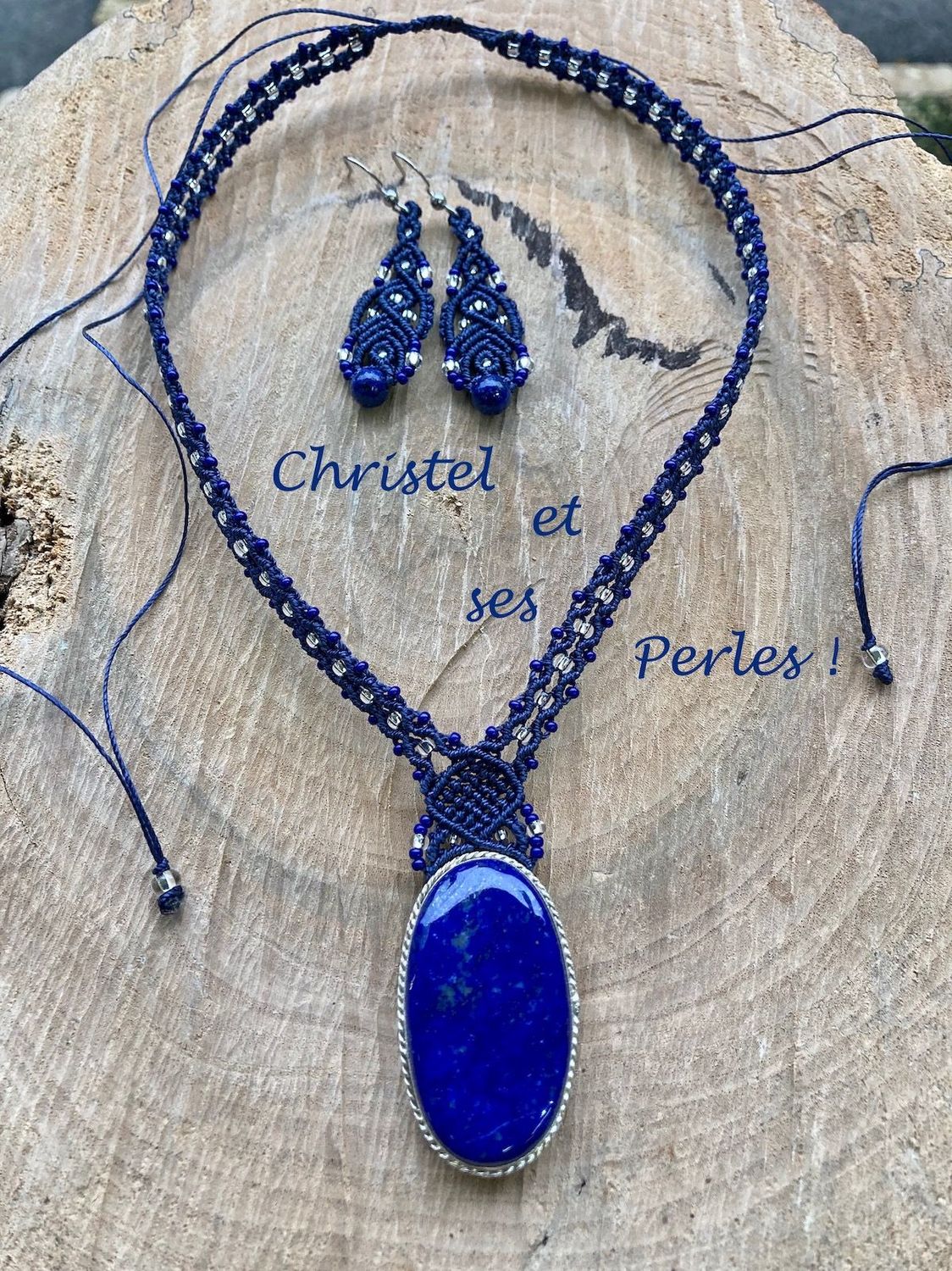 Parure macramé et Lapis Lazuli (collier+boucles)