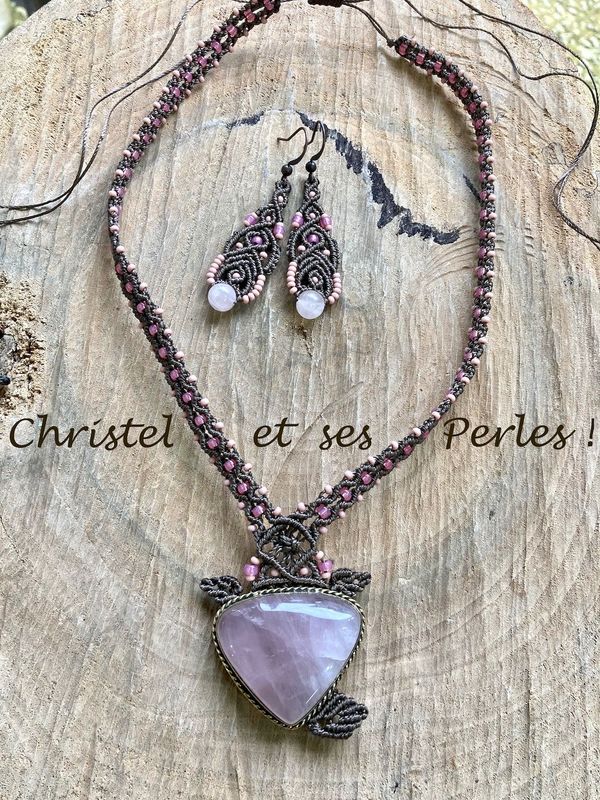 Parure macramé et Quartz rose(collier+boucles)