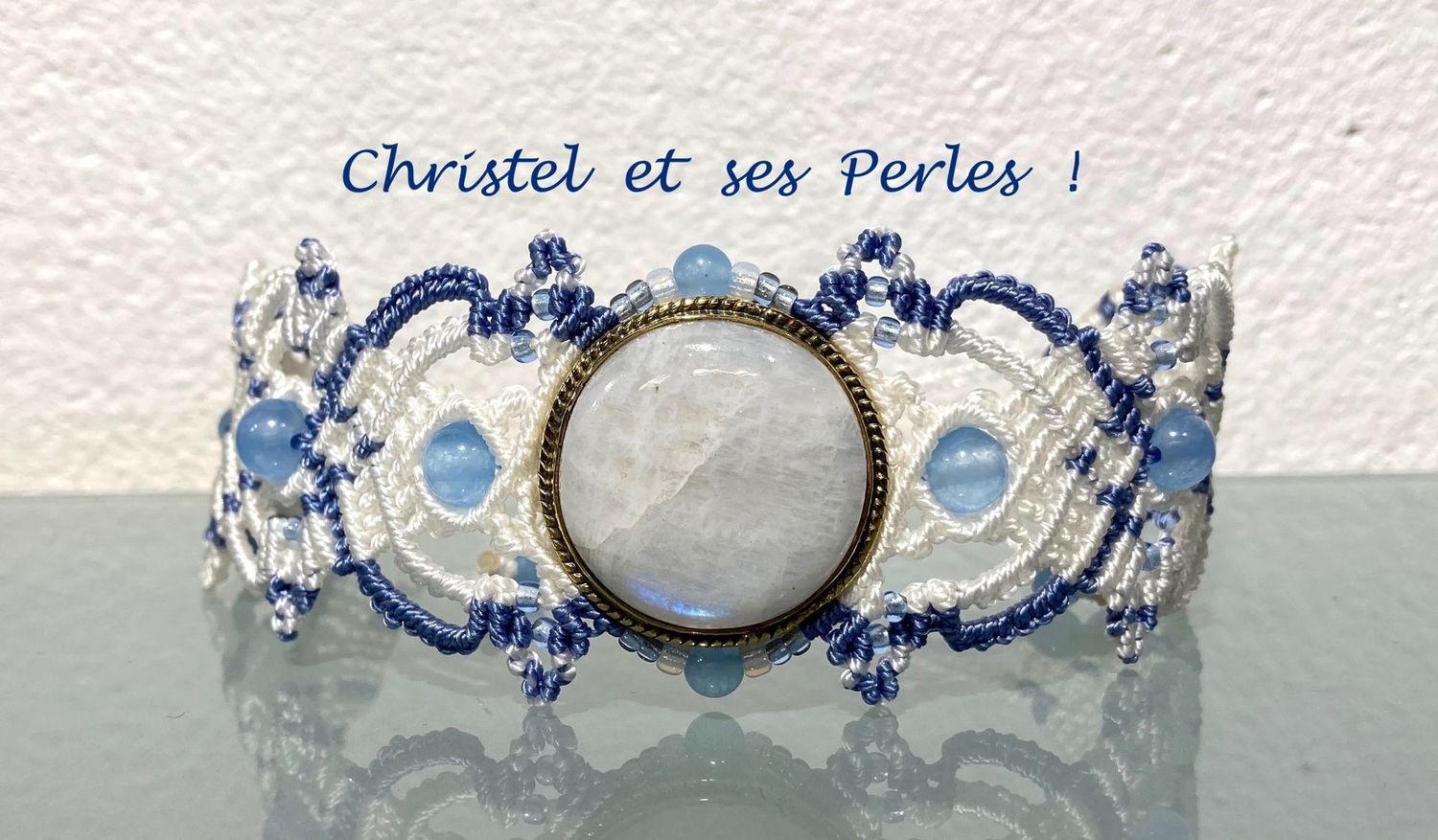Bracelet macramé bicolore et Labradorite blanche (Pierre de Lune)