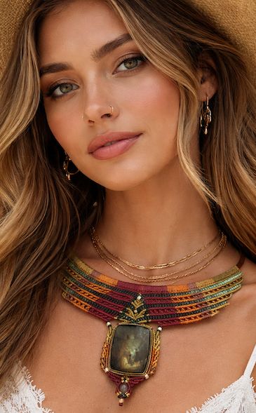 Collection ARCADIA : Plastron macramé et Labradorite tons chauds