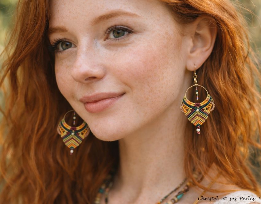 Collection ARCADIA : Boucles d'oreilles macramé et créoles tons chauds