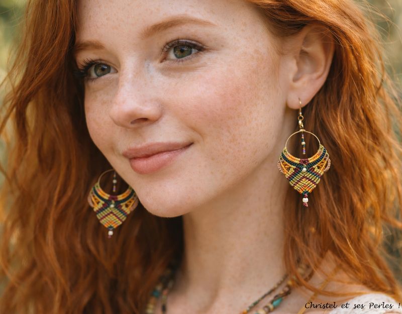 Collection ARCADIA : Boucles d'oreilles macramé et créoles tons chauds