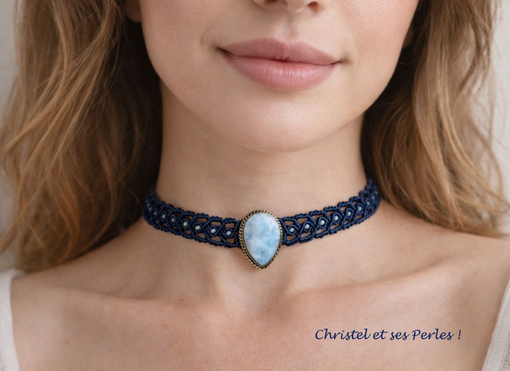 Collier ras de cou Larimar sertie