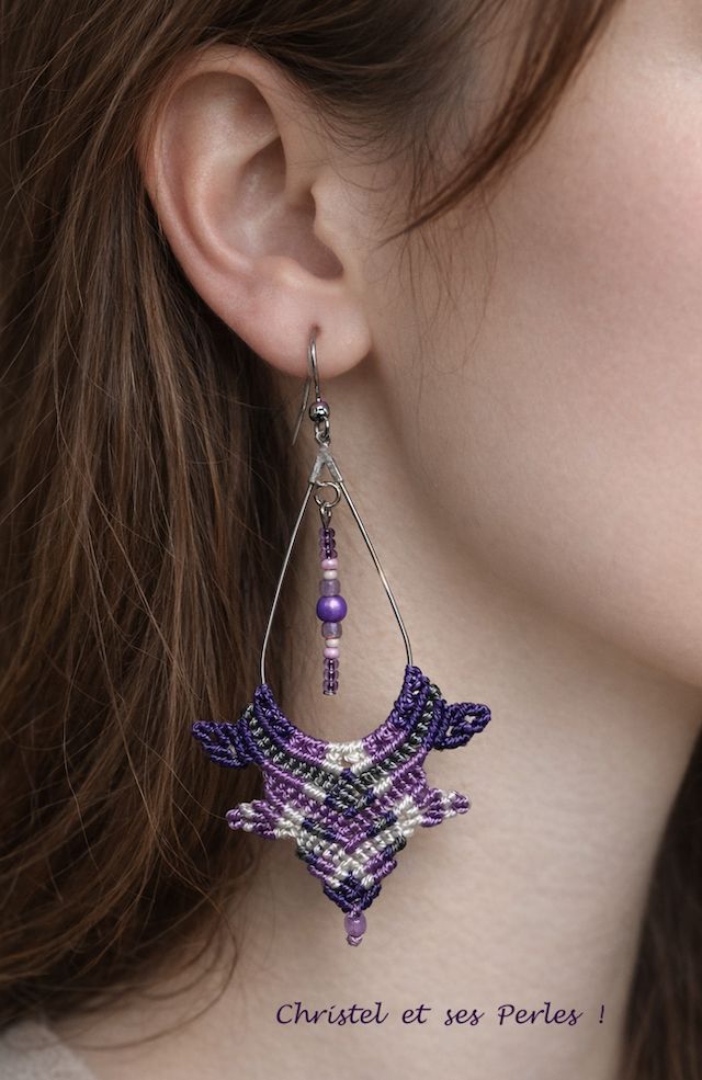 Boucles d'oreilles macramé et créoles gouttes parme
