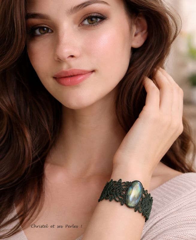 Bracelet macramé feuilles, et Labradorite verte