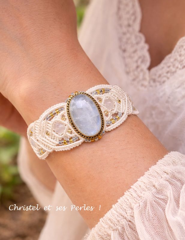 Bracelet macramé et Labradorite blanche (Pierre de Lune)