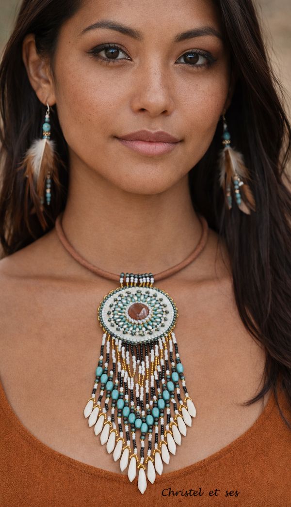 Terres sacrées : Collier agate sur cuir et franges perlées Terres sacrées : Collier agate sur cuir et franges perlées