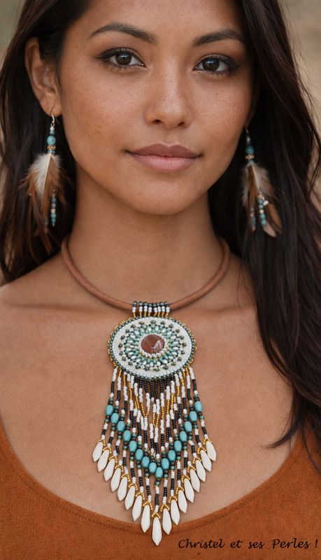 Terres sacrées : Collier agate sur cuir et franges perlées